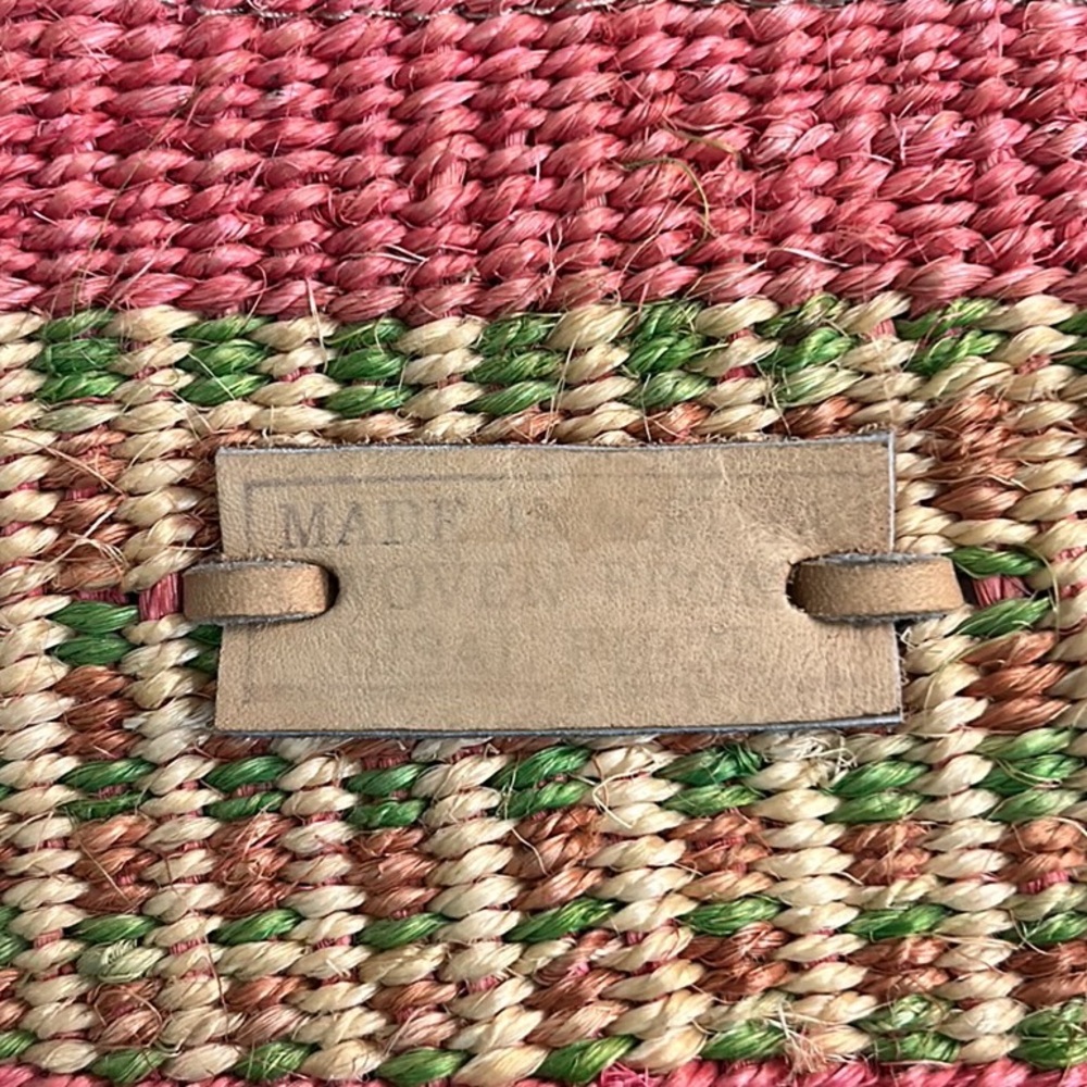 Kenyan Pink Green Tan Hand Woven Sisal & Leather Beaded Straw Zipper Tote Bag - Picture 12 of 15